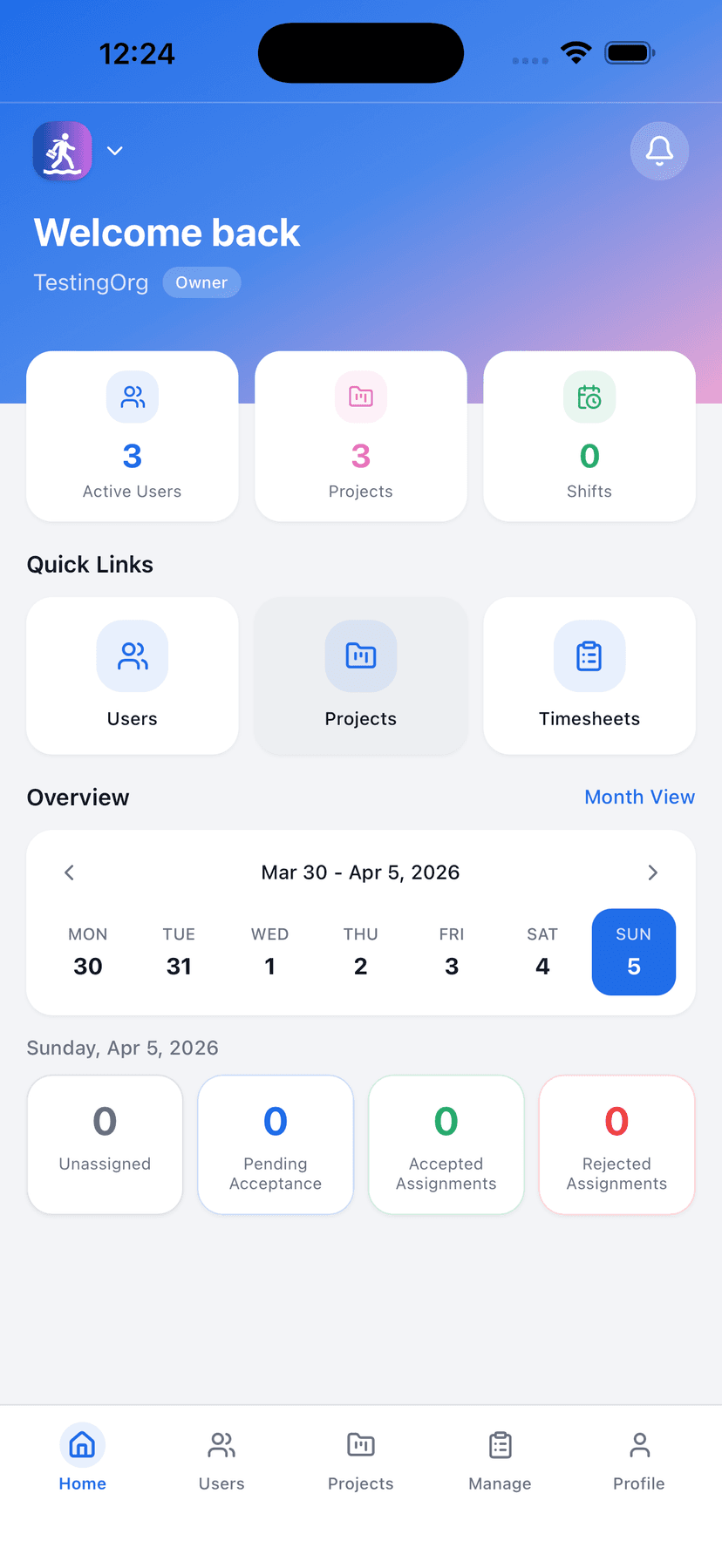 Shift Dock mobile app dashboard showing workforce management features